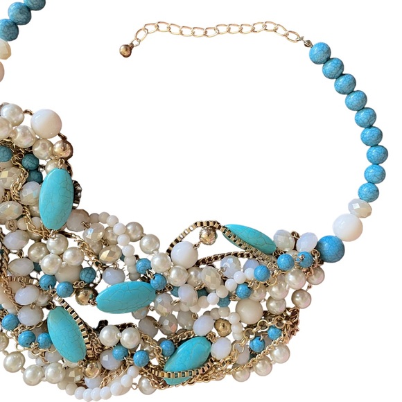 Multi-strand Statement Necklace Faux Pearl Turquoise Howlite Gold-tone Beads - Picture 4 of 7